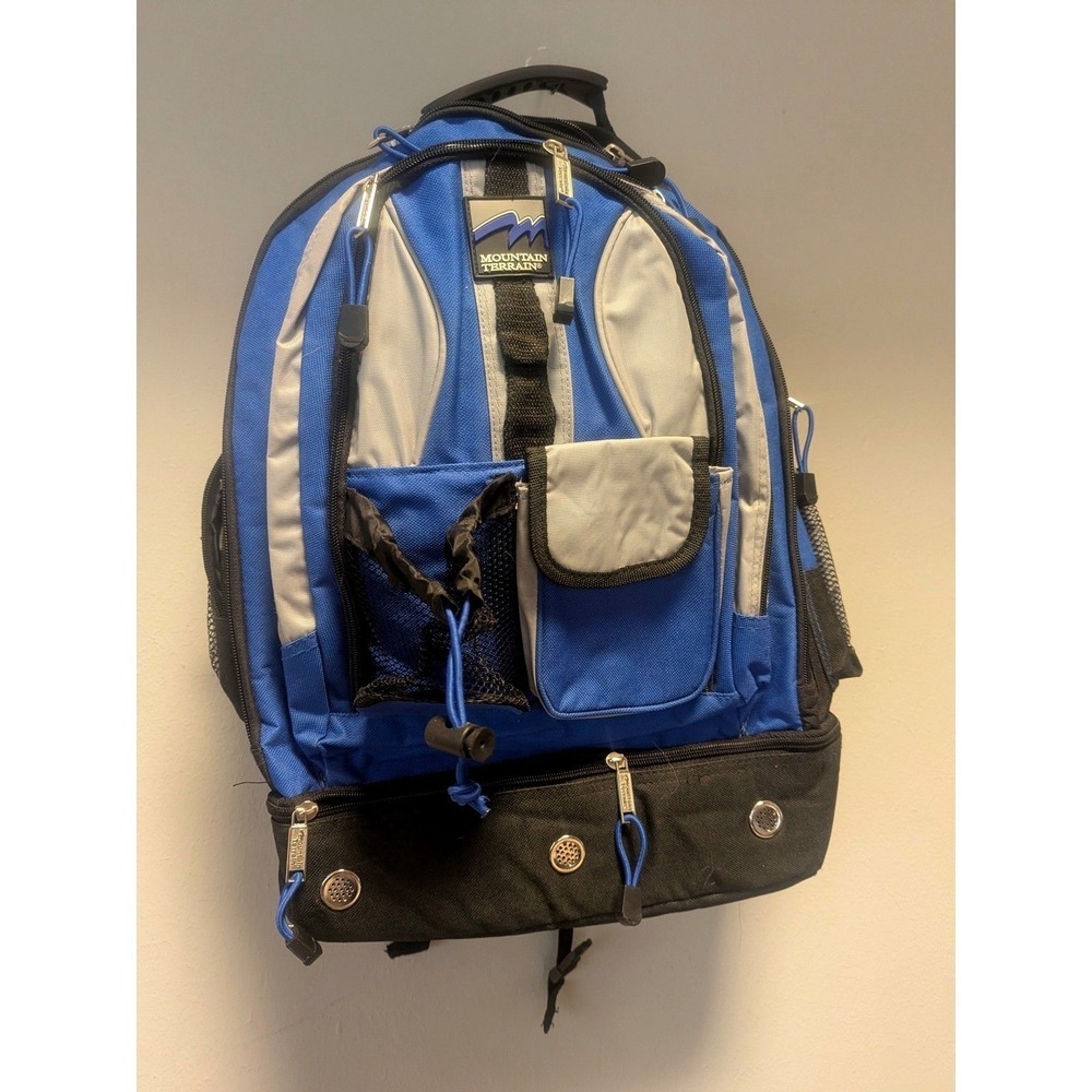 Mountain Terrain Backpack Black Blue Multi-Pockets School Backpack Zippered